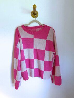 Pink Checkered Sweater 💕 | Chunky Knit Checkerboard Pullover (S/M)